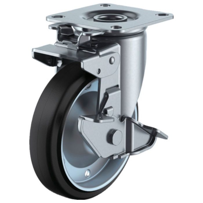 ユーエイ　プレート式　自在　キャスター　ゴム　車輪径130mm　旋回固定・ストッパー付き　Jタイプ　J2K-S型　取付寸法80×80(75×75)