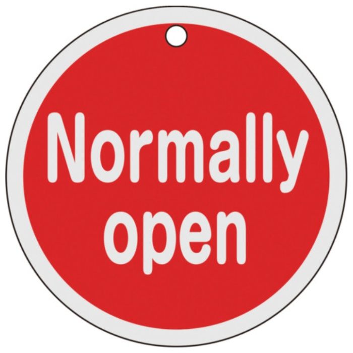 緑十字　バルブ開閉札　Normally　open(赤)　特15-151A　80mmΦ　両面表示　アルミ製