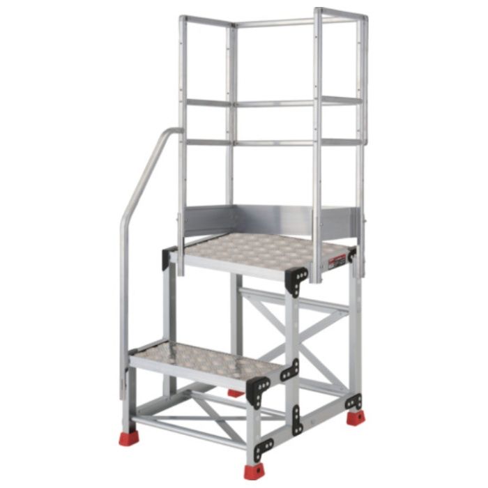 TRUSCO　アルミ製作業用踏台　縞板タイプ　2段　高さ0.5m　天板寸法500×400　段高250mm　階段片手すり天場三方付き