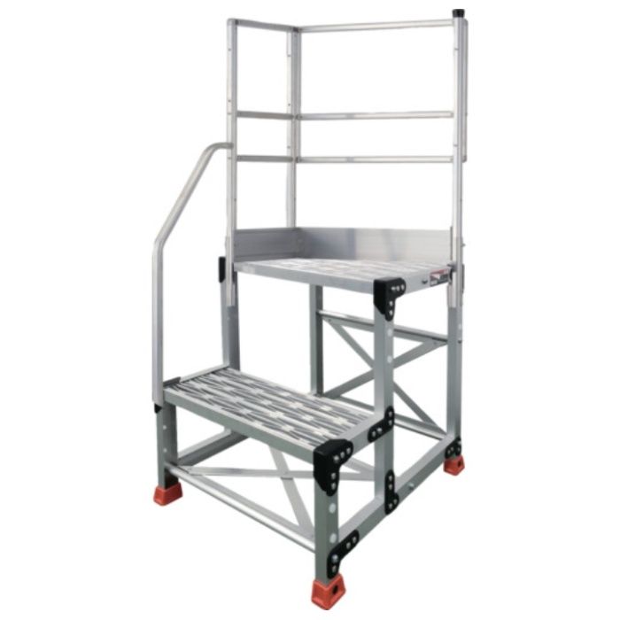 TRUSCO　アルミ製作業用踏台　グレーチングタイプ　2段　高さ0.5m　天板寸法500×400　段高250mm　階段片手すり天場二方付き