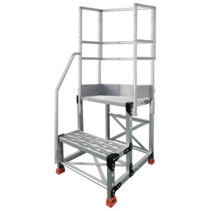 TRUSCO　アルミ製作業用踏台　グレーチングタイプ　2段　高さ0.5m　天板寸法500×400　段高250mm　階段片手すり天場三方付き