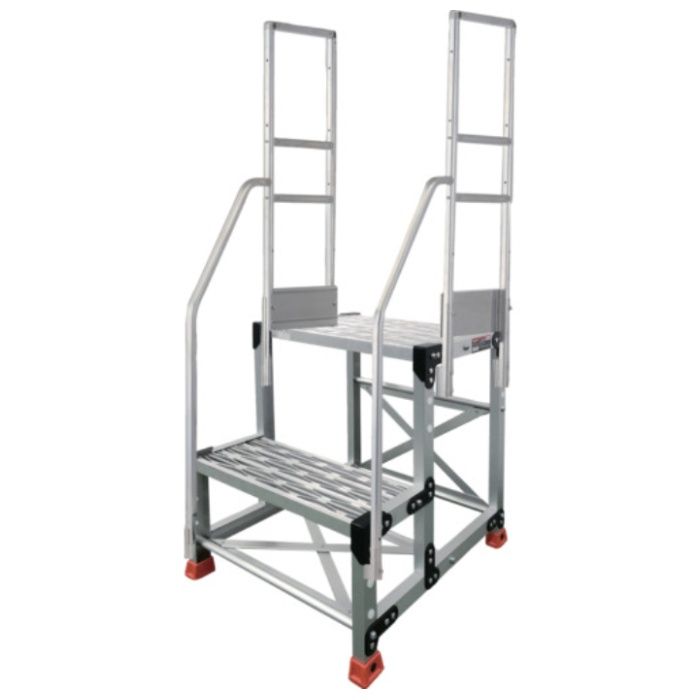 TRUSCO　アルミ製作業用踏台　グレーチングタイプ　2段　高さ0.6m　天板寸法500×400　段高300mm　階段両手すり付き