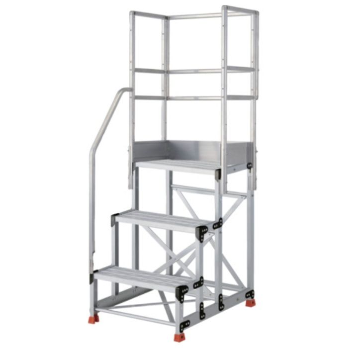 TRUSCO　アルミ製作業用踏台　グレーチングタイプ　3段　高さ0.9m　天板寸法600×400　段高300mm　階段片手すり天場三方付き