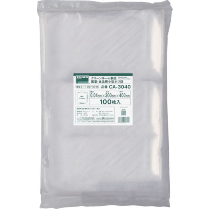 TRUSCO クリーンルーム製造 医薬・食品用小型ポリ袋 縦200X横130XT0.04 100枚入 透明(Tcode:2070741)
