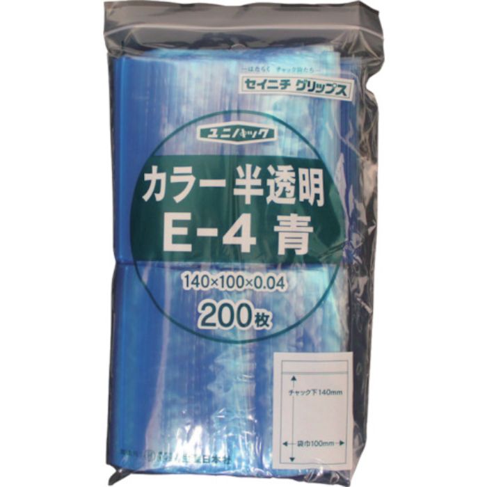 セイニチ チャック付ポリ袋 ユニパック E-4 半透明青 縦140×横100×厚さ0.04mm 200枚入(Tcode:3667421)