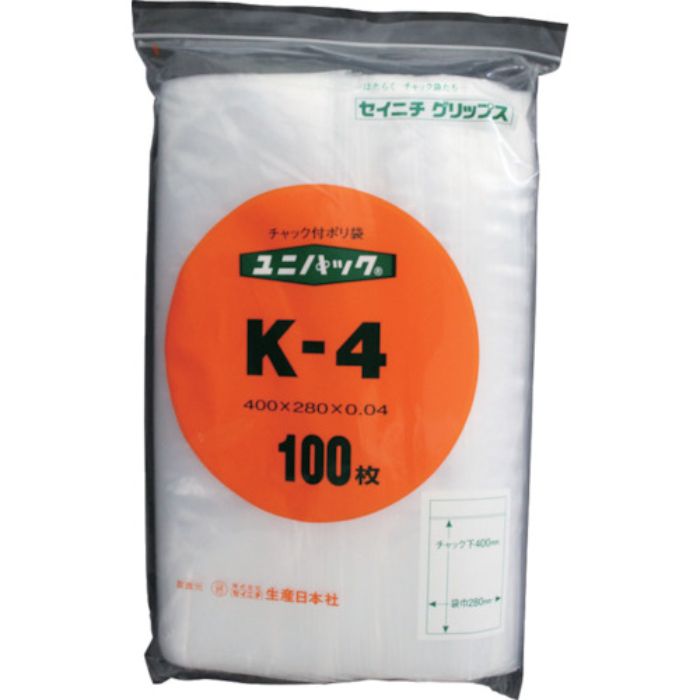セイニチ チャック付ポリ袋 ユニパック K-4 透明 縦400×横280×厚さ0.04mm 100枚入(Tcode:3667774)