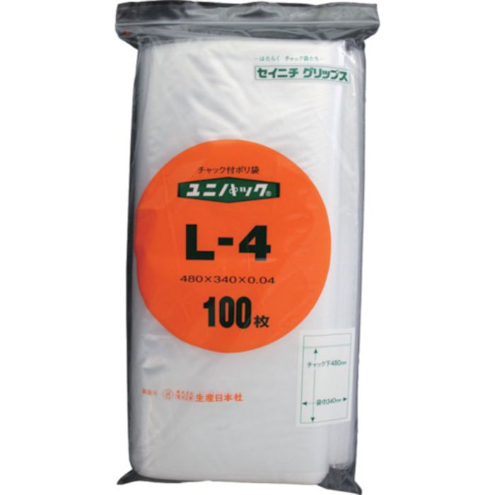 セイニチ チャック付ポリ袋 ユニパック L-4 透明 縦480×横340×厚さ0.04mm 100枚入(Tcode:3667791)