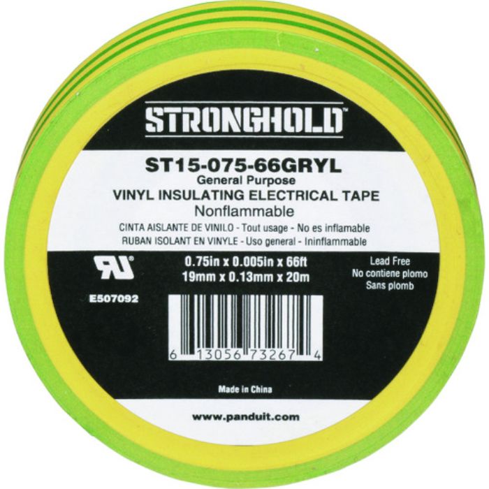 ストロングホールド StrongHoldビニールテープ 一般用途用 イエロー/グリーン 幅19.1mm 長さ20m ST15-075-66GRYL(Tcode:2167615)