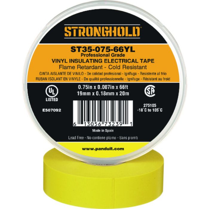 ストロングホールド StrongHoldビニールテープ 耐熱・耐寒・難燃 プロ仕様グレード 黄 幅19.1mm 長さ20m ST35-075-66YL(Tcode:2167607)