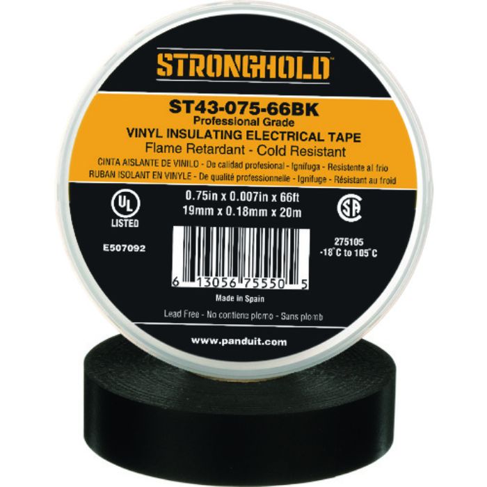 ストロングホールド StrongHoldビニールテープ 耐熱・耐寒・難燃 プロ仕様グレード 黒 幅19.1mm 長さ20m ST43-075-66BK(Tcode:2167627)