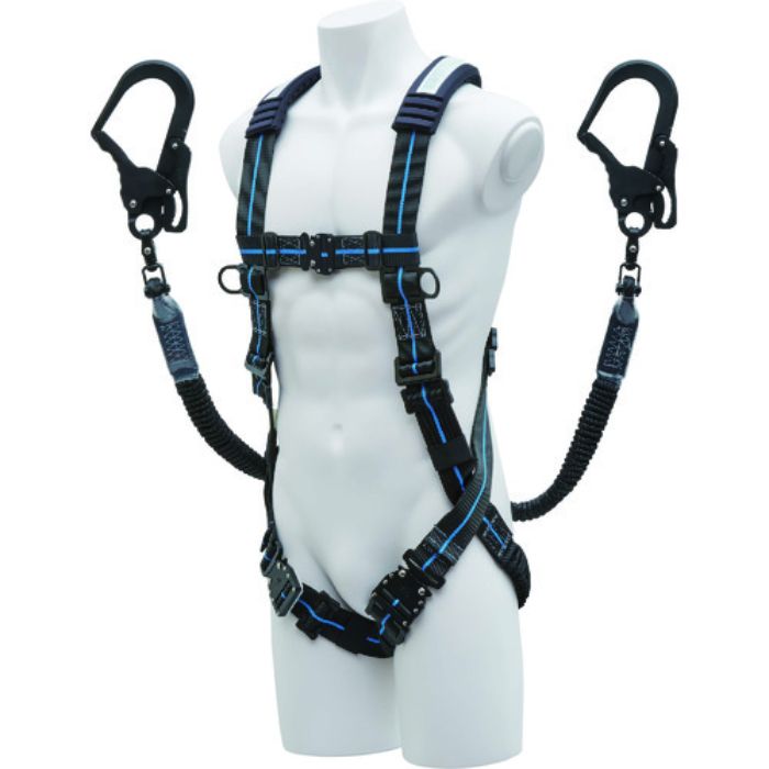 KH ハーネス型墜落制止具 じゃばらストレッチハーネスXV型+2丁掛けランヤード セット オールアルミフック+伸縮性ランヤード 駕王 青ライン(Tcode:2006874)