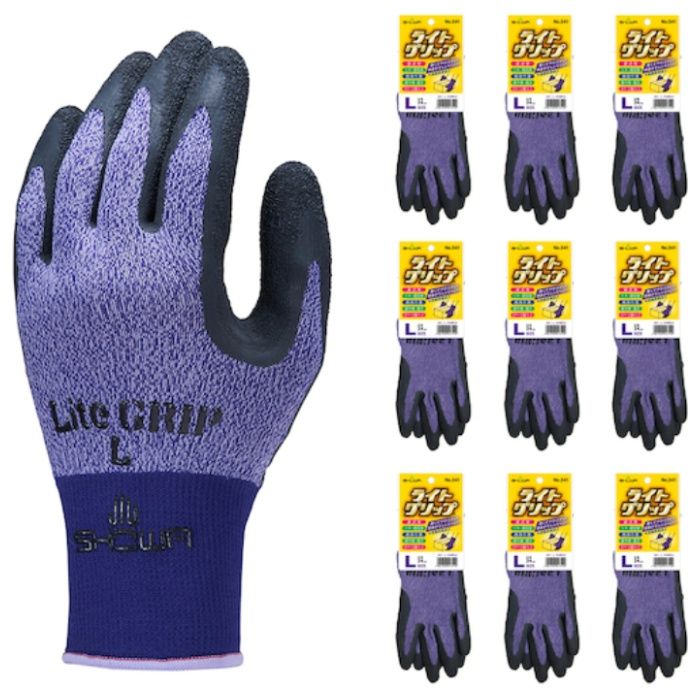 SHOWA　天然ゴム背抜き手袋　まとめ買い　NO341　ライトグリップ　10双入　Lサイズ　パープル