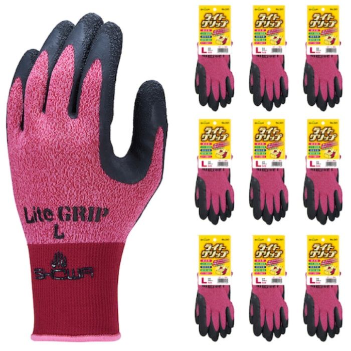 SHOWA　天然ゴム背抜き手袋　まとめ買い　NO341　ライトグリップ　10双入　Lサイズ　レッド