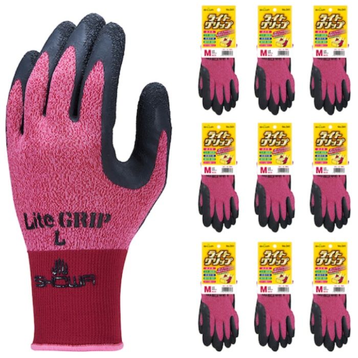 SHOWA　天然ゴム背抜き手袋　まとめ買い　NO341　ライトグリップ　10双入　Mサイズ　レッド