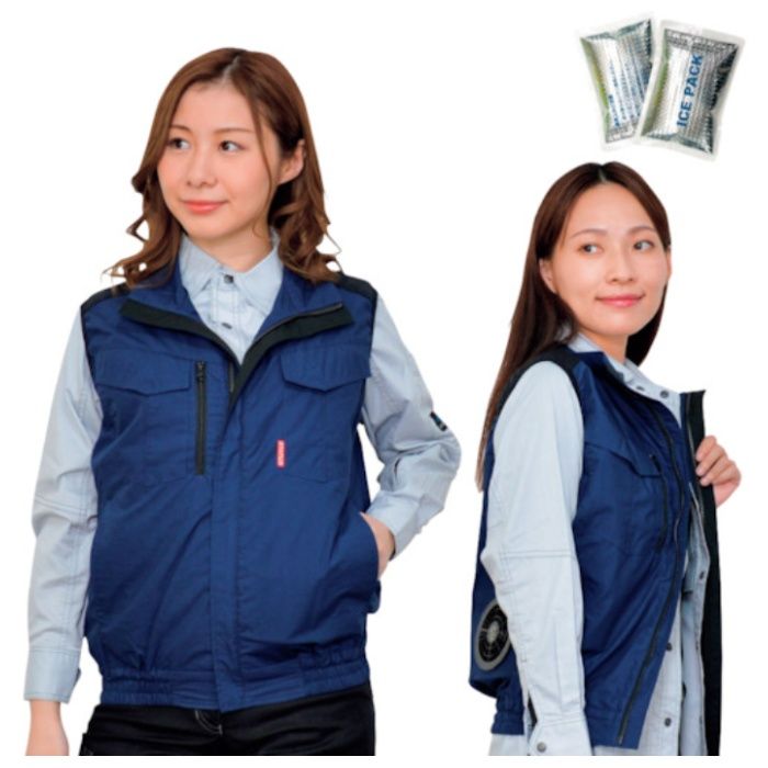 岡潮　洗い替え2着:冷感保冷剤付き、空調ベスト+バッテリー付(ハーネス対応)　ネイビー×ブラック　LL