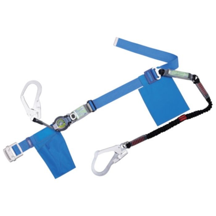 TSUYORON　胴ベルト型墜落制止用器具(巻取タイプ)ランヤード2丁掛け仕様　ロック機構付きロックリトラ+伸縮式ノビロン(BK)青　Lサイズ　幅50MM×長さ1400MM