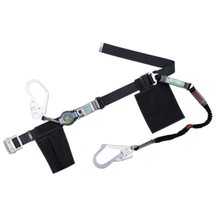TSUYORON　胴ベルト型墜落制止用器具(巻取タイプ)ランヤード2丁掛け仕様　ロック機構付きロックリトラ+伸縮式ノビロン(BK)黒　Lサイズ　幅50MM×長さ1400MM