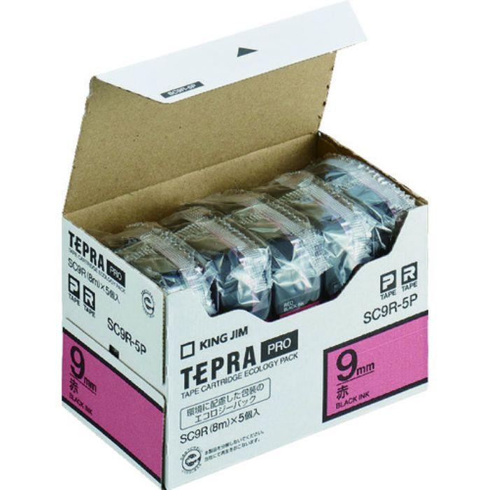 KING JIM 【純正】「テプラ」PROテープ 9mm エコパック(5個入り)/赤ラベル/黒文字 長さ8m(Tcode:8277154)