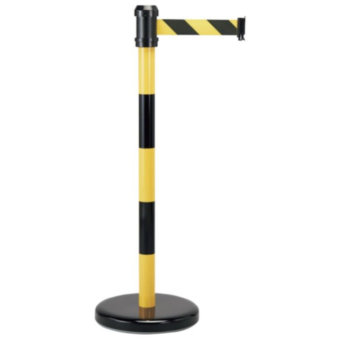 緑十字　ベルトパーテーション　RBB-1TR　ベースカラー:黒　ポールカラー:黄黒　ベルトカラー:黄黒　高さ:980mm　スチール製