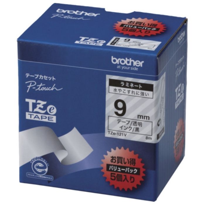brother　Tzeテープ　黒文字/透明テープ　/9mm　(お徳用パック5個入)