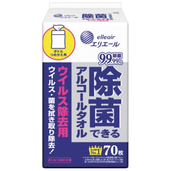 エリエール　ウェットティッシュ　除菌できるアルコールタオル　ウイルス除去用　ボトルつめかえ用70枚