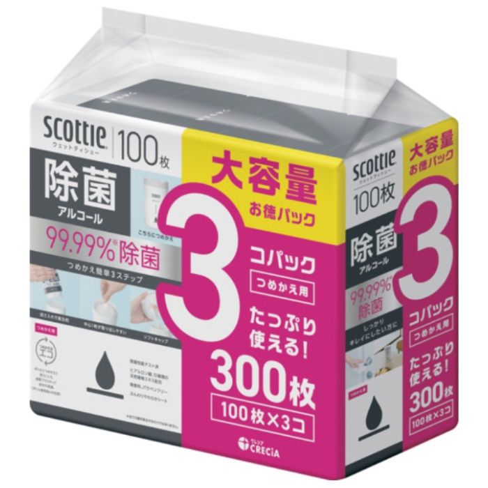 クレシア　スコッティ　ウェットティシュー除菌　アルコール　100枚　つめかえ用　3コパック