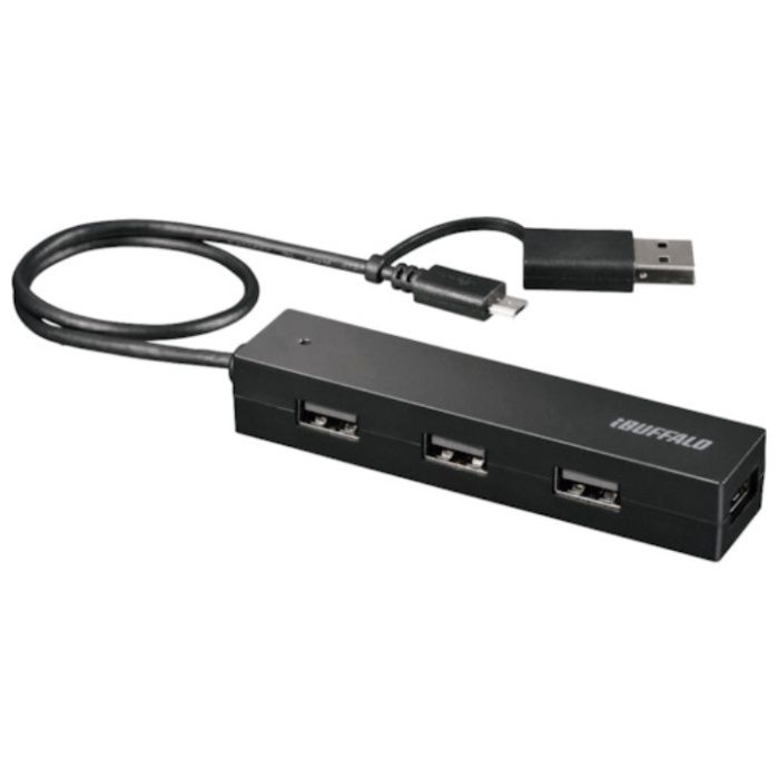 BUFFALO　タブレット・スマホ用　USB2.0　4ポートハブ　変換コネクター付き　ブラック