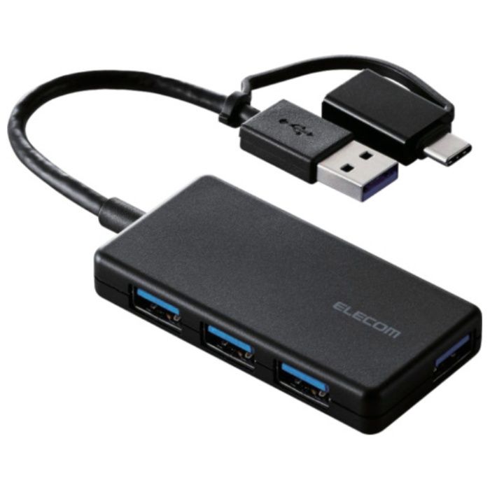 ELECOM　USBHUB3.0　Type-C変換アダプタ付き　コンパクト　バスパワー　4ポート　ブラック