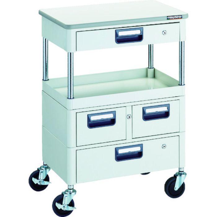 TRUSCO ツールワゴン フェニックスワゴン 省音 600X400 H880 引出付 天板付 ホワイト(Tcode:1146182)