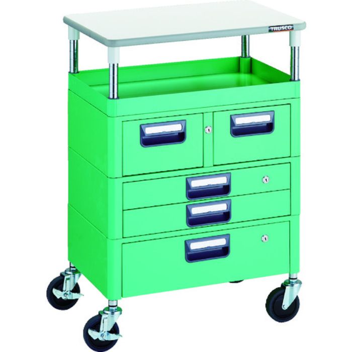 TRUSCO ツールワゴン フェニックスワゴン 省音 600X400 H880 引出付 天板付 ヤンググリーン(Tcode:1146200)