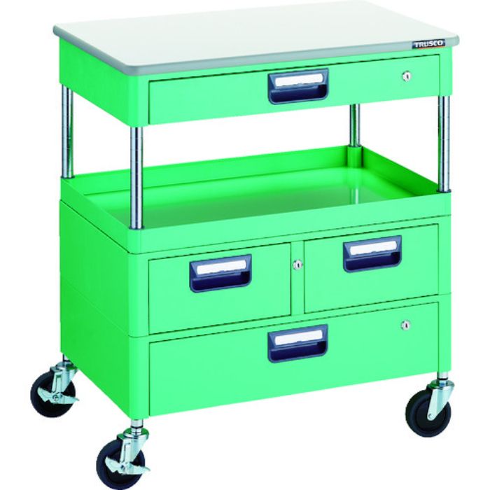 TRUSCO ツールワゴン フェニックスワゴン 省音 750X500 H880 引出付 天板付 ヤンググリーン(Tcode:1146185)