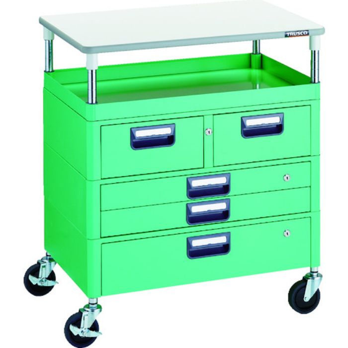 TRUSCO ツールワゴン フェニックスワゴン 省音 750X500 H880 引出付 天板付 ヤンググリーン(Tcode:1146202)