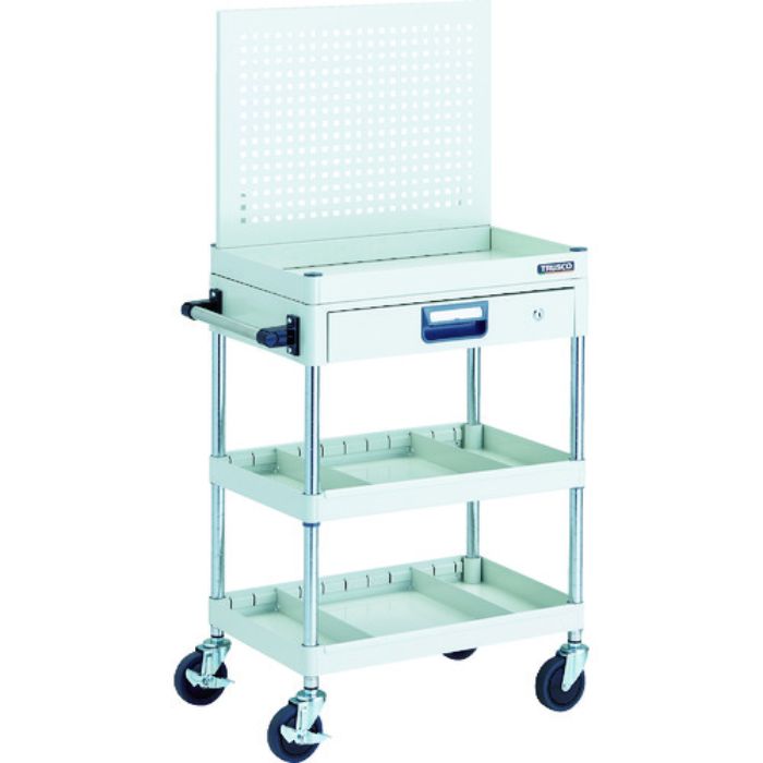 TRUSCO ツールワゴン フェニックスワゴン 省音 600X400 仕切2段付 引出付 上部パンチングパネル仕様 ホワイト(Tcode:1163439)