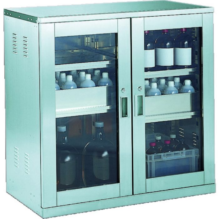 TRUSCO 耐震薬品庫 ガラス両開型 棚スライド式 900X500XH900(Tcode:5055580)