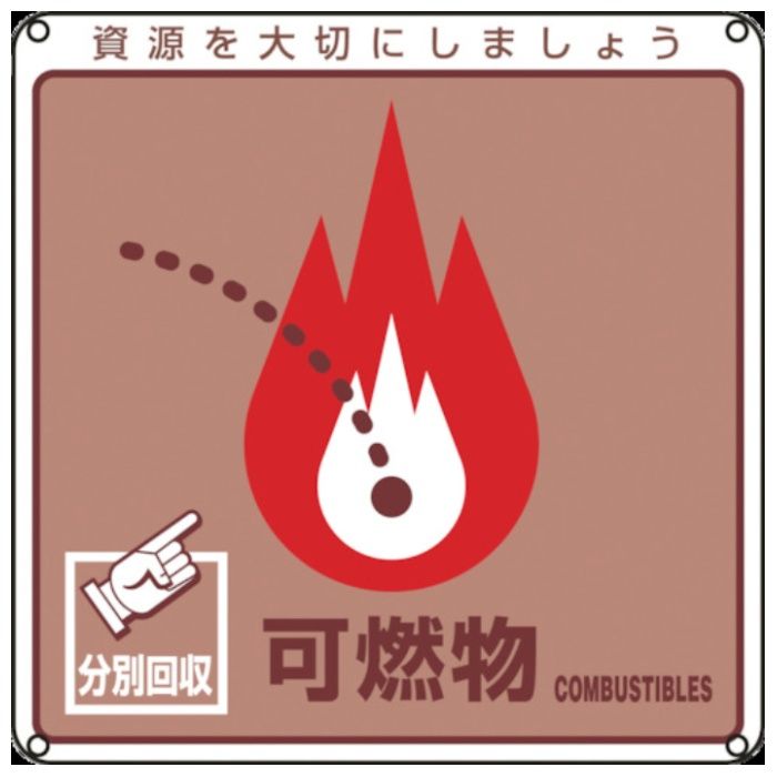 緑十字　廃棄物関係標識・分別用　可燃物　分別-101　200×200mm　PET