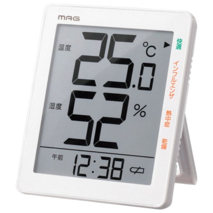 MAG　温湿度計　デジタル　時計　環境目安　置き掛け兼用　スタンド　ホワイト　TH-105WH